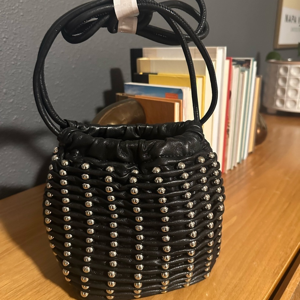 Zara Black and Silver Mini Bag with Woven Leather & Beaded Design NWOT